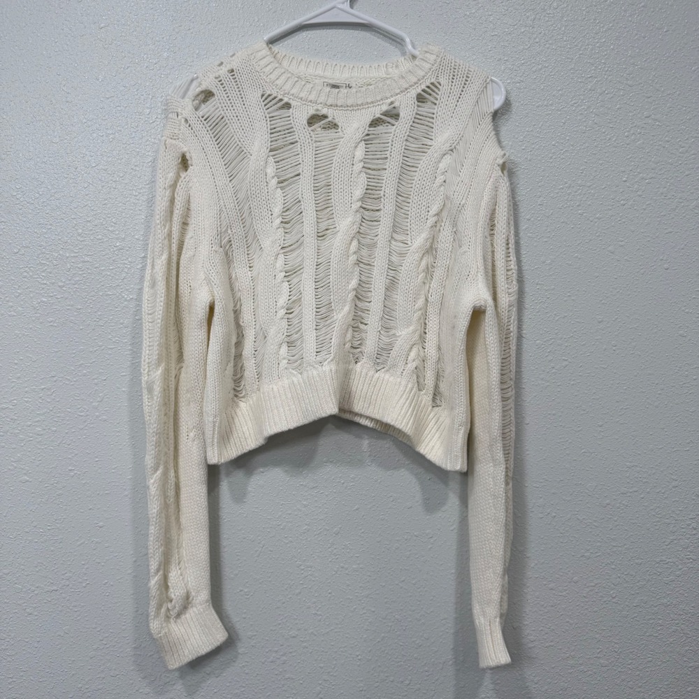 Full Tilt Womens Cream Distressed‎ Cable Knit Cropped Sweater Medium Edgy Boho
